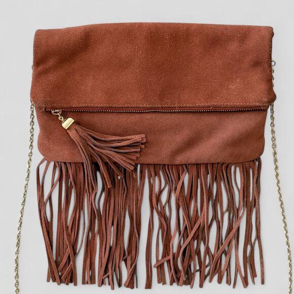 BCBGMAXAZARIA Crossbody Bag Brown Suede w/ Fringes Gold Chain Strap Purse - Picture 3 of 10
